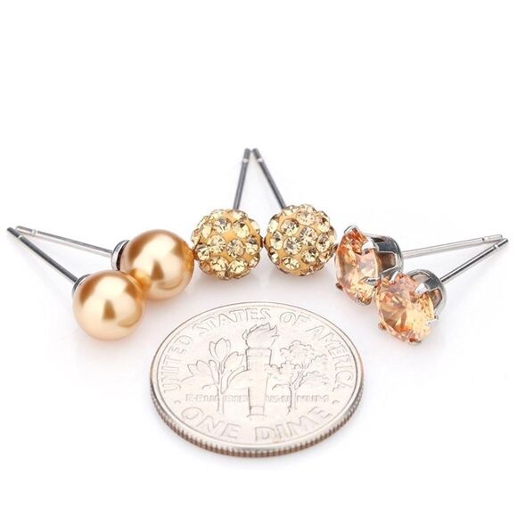 Champagne Topaz Cubic Zirconia and Pearl 316L Post Back Stud 3 Pair Earrings Set - Picture 3 of 5